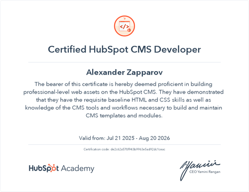 Certificate of Hubspot CMS for Developers I