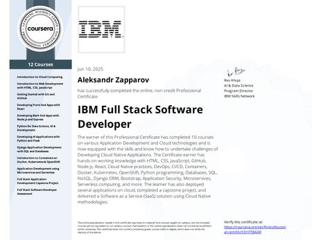 Certificate of IBM Full Stack Software Developer Certificate